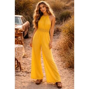 Vtg 60s Vanity Fair Small Jumpsuit Womens Yellow Hippie Crochet Wide Leg Halter